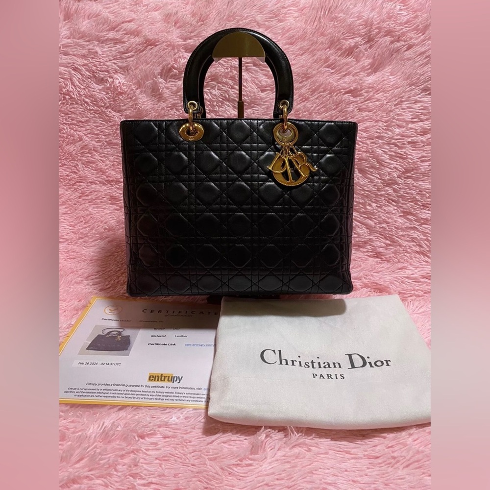 AUTHENTIC Christian Dior Black Lambskin VINTAGE Lady Dior Cannage 2way Handbag